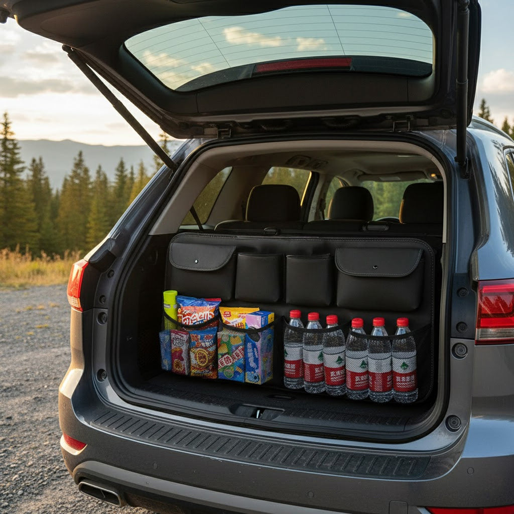 SOGA Car Bundle C – Black Leather Back Seat Storage Organizer & Inflatable Boot Mattress