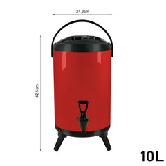 SOGA 2X 10L Stainless Steel Insulated Milk Tea Barrel Hot and Cold Beverage Dispenser Container with Faucet Red