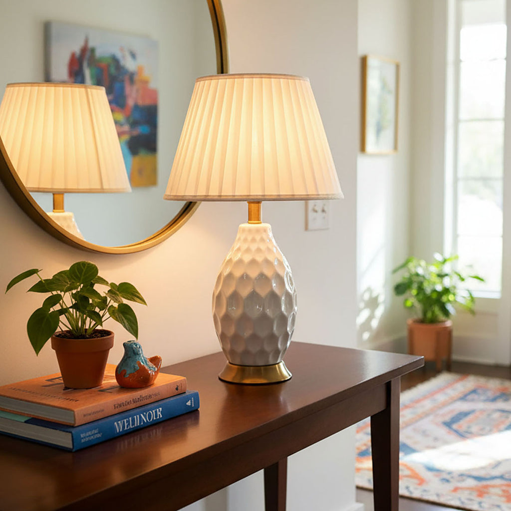 SOGA Textured Ceramic Oval Table Lamp with Gold Metal Base White