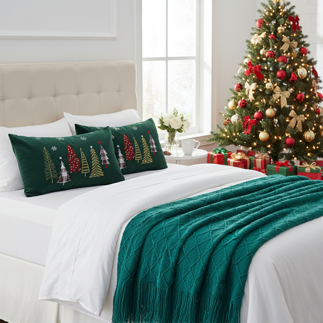 SOGA Christmas Bundle – 2 Dark Green Christmas Forest Lumbar Pillow & Teal Knitted Throw Blanket $ 162