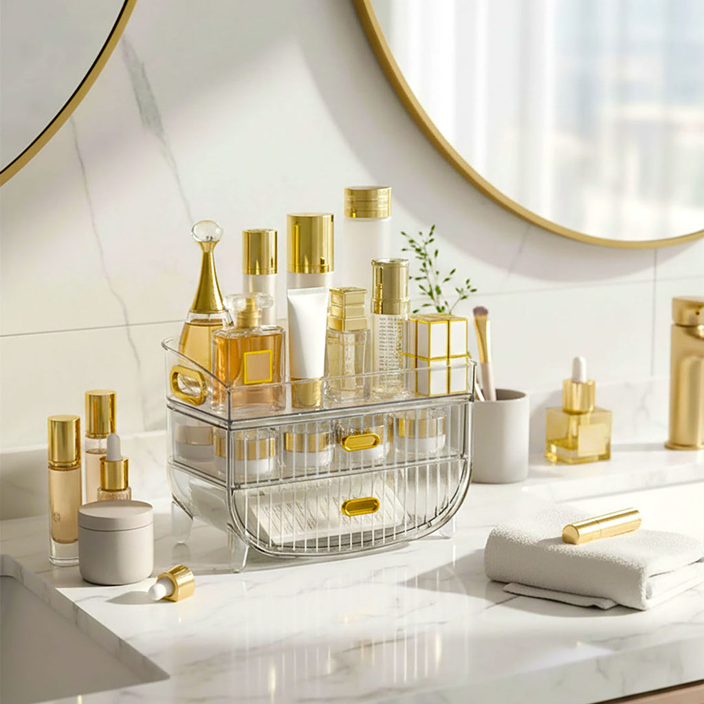 SOGA 3 Tier Transparent Multifunctional Countertop Cosmetic Storage Makeup Skincare Holder Jewelry Cabinet Bathroom Desk Drawer Vanity Organiser