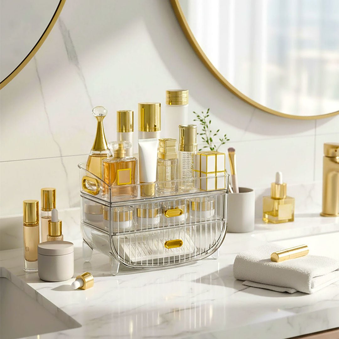 SOGA 3 Tier Transparent Multifunctional Countertop Cosmetic Storage Makeup Skincare Holder Jewelry Cabinet Bathroom Desk Drawer Vanity Organiser