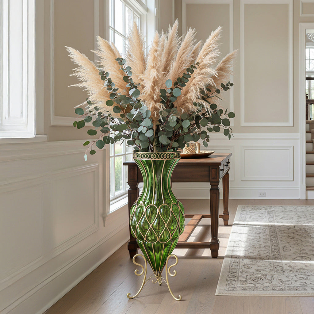 SOGA 67cm Green Glass Tall Floor Vase with Metal Flower Stand