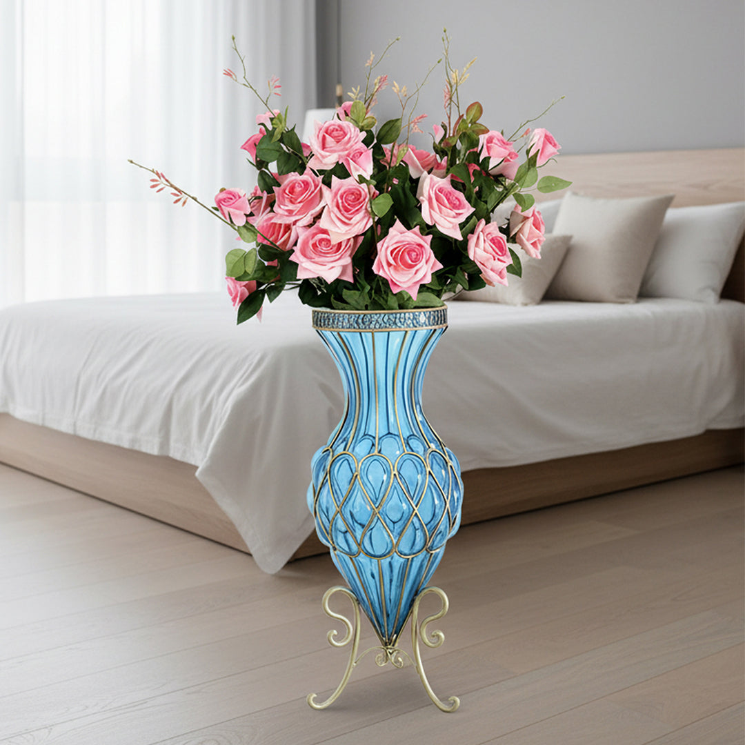 SOGA 67cm Blue Glass Tall Floor Vase and 12pcs Pink Artificial Fake Flower Set