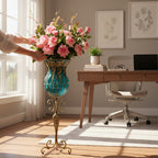 SOGA 85cm Blue Glass Tall Floor Vase and 12pcs Pink Artificial Fake Flower Set
