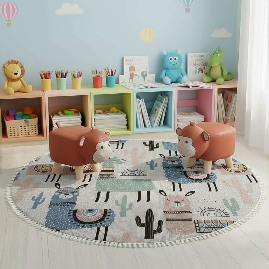 SOGA Home & Living Bundle – 2 Orange Monkey Children’s Ottoman & Alpaca Cactus Pattern Rug $ 134