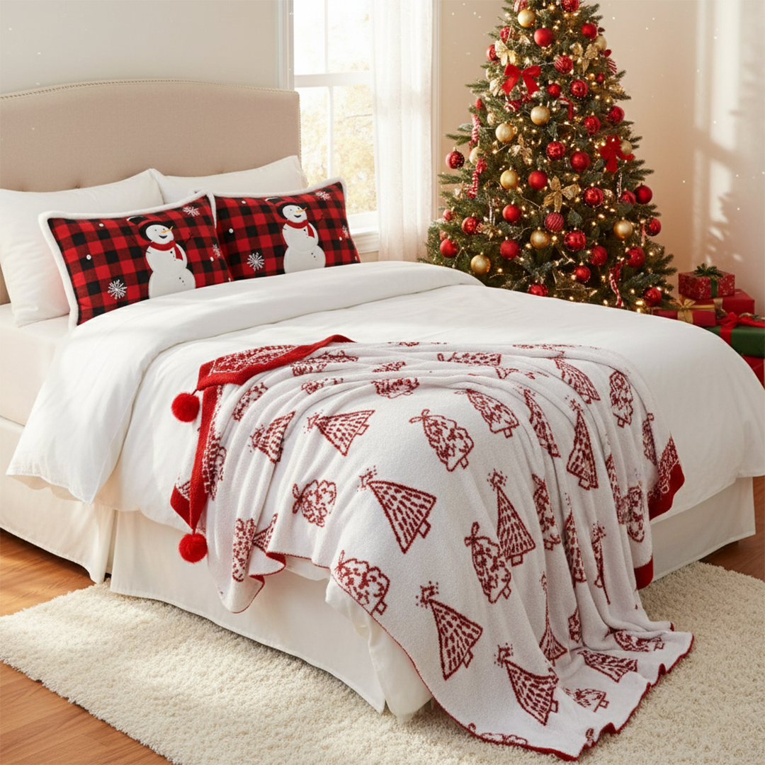 SOGA Christmas Bundle – 2 Red Snowman Lumbar Pillow & Red Christmas Tree Fleece Throw Blanket $ 200