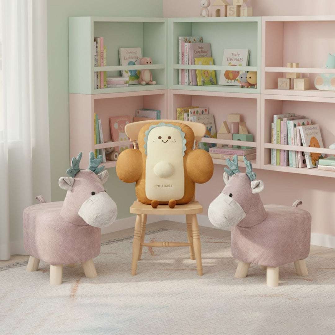 SOGA Home & Living Bundle – 2 Pink Deer Children’s Ottoman & Smiley Toast Plush Cushion $ 113