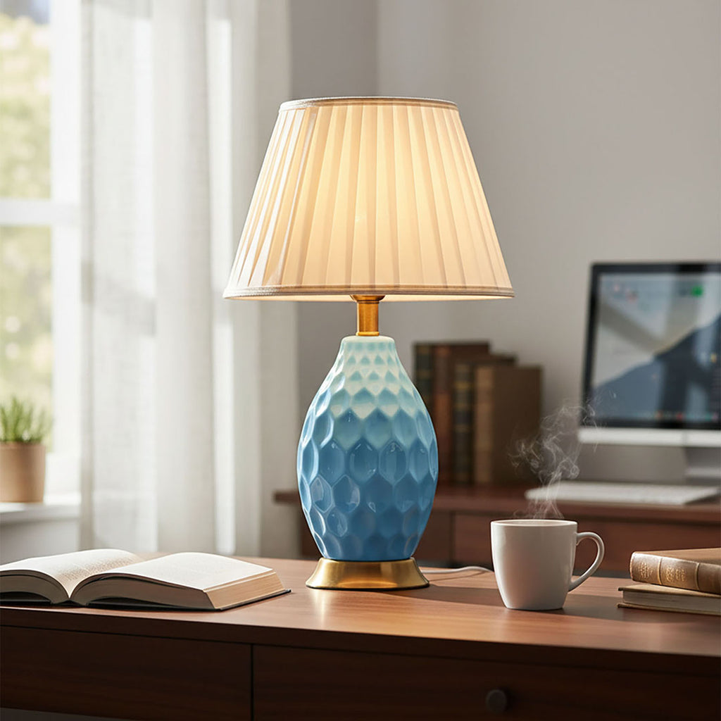 SOGA 4X Textured Ceramic Oval Table Lamp with Gold Metal Base Blue