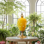 SOGA 2x 42cm Ceramic Oval Flower Vase with Gold Metal Base Yellow
