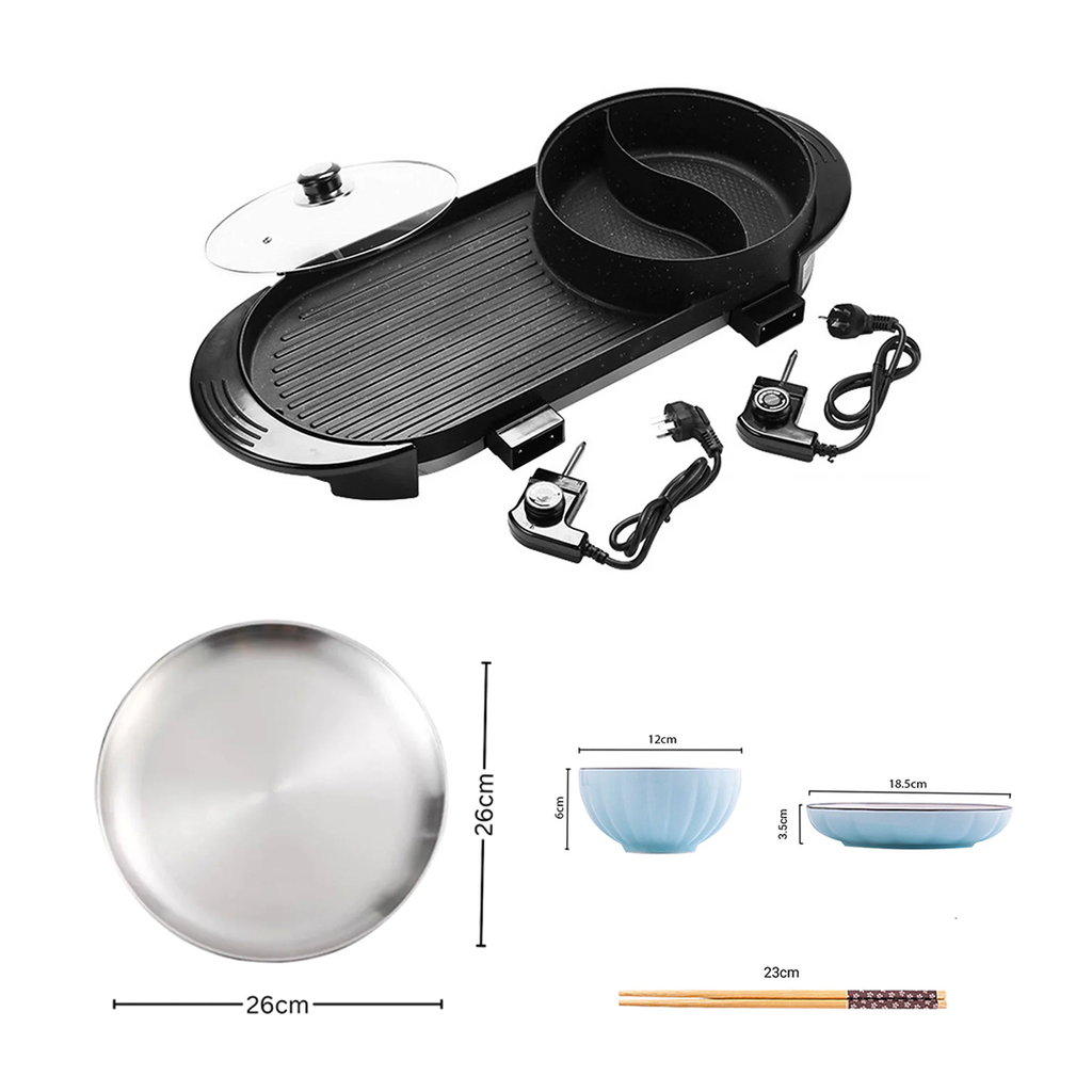 SOGA Kitchenware Bundle – 2-in-1 Electric BBQ Teppanyaki Grill, Blue Ceramic Dinnerware & Silver Grilling Plate