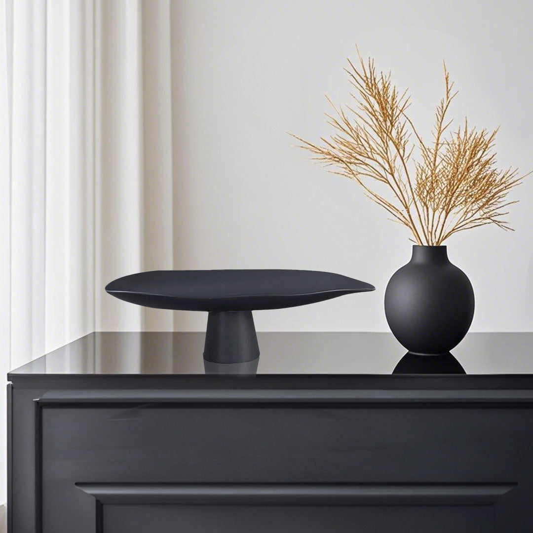 SOGA 46cm Black Ceramic Decorative Plate on Pedestal Stand