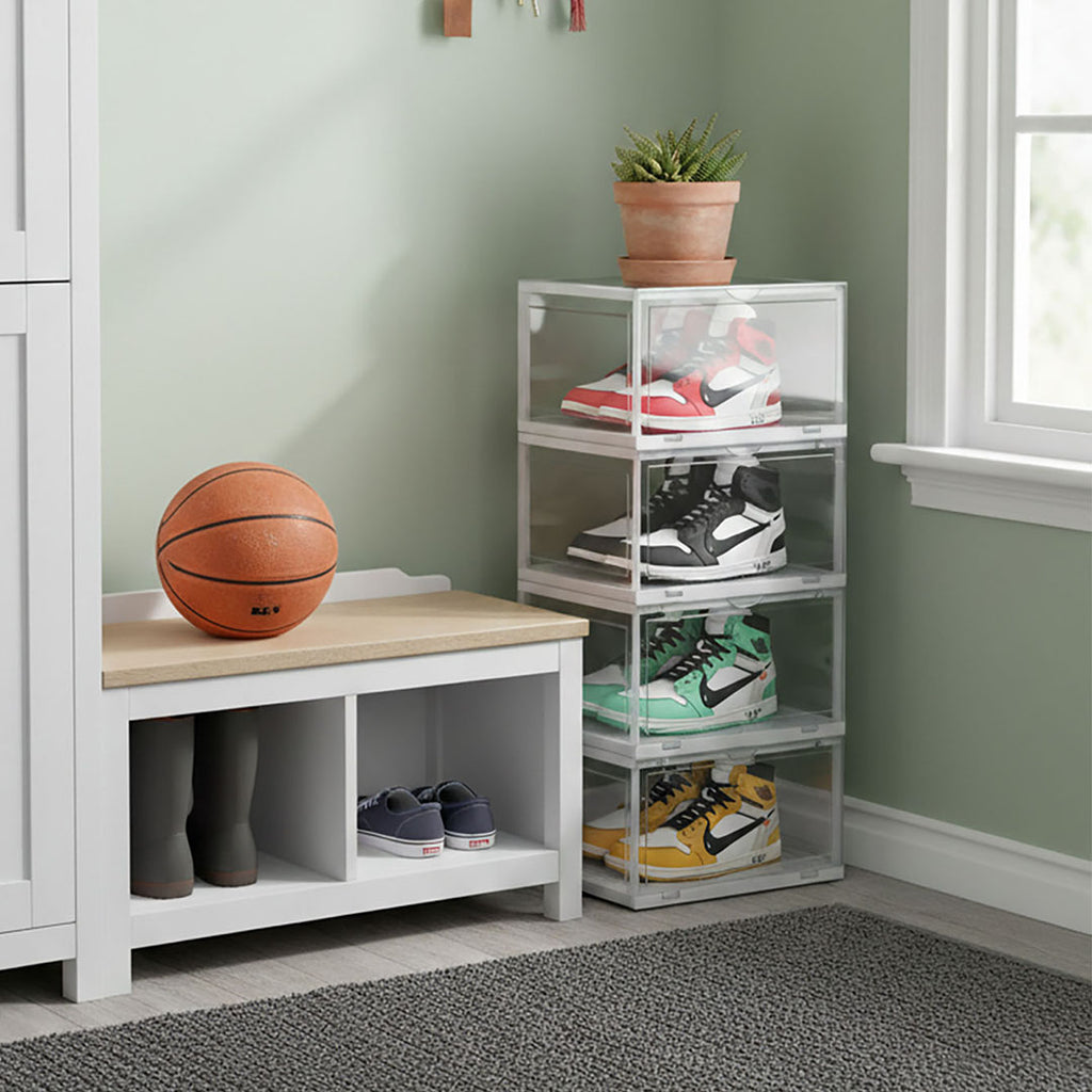 SOGA 2X 4 Tier Transparent Portable Shoe Organiser Sneaker Footwear Folding Plastic Bin Stackable Storage Box with Magnetic Door