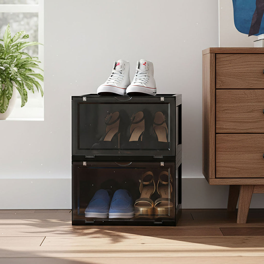 SOGA 2 Tier Black Portable Shoe Organiser Sneaker Footwear Folding Plastic Bin Stackable Storage Box with Magnetic Door