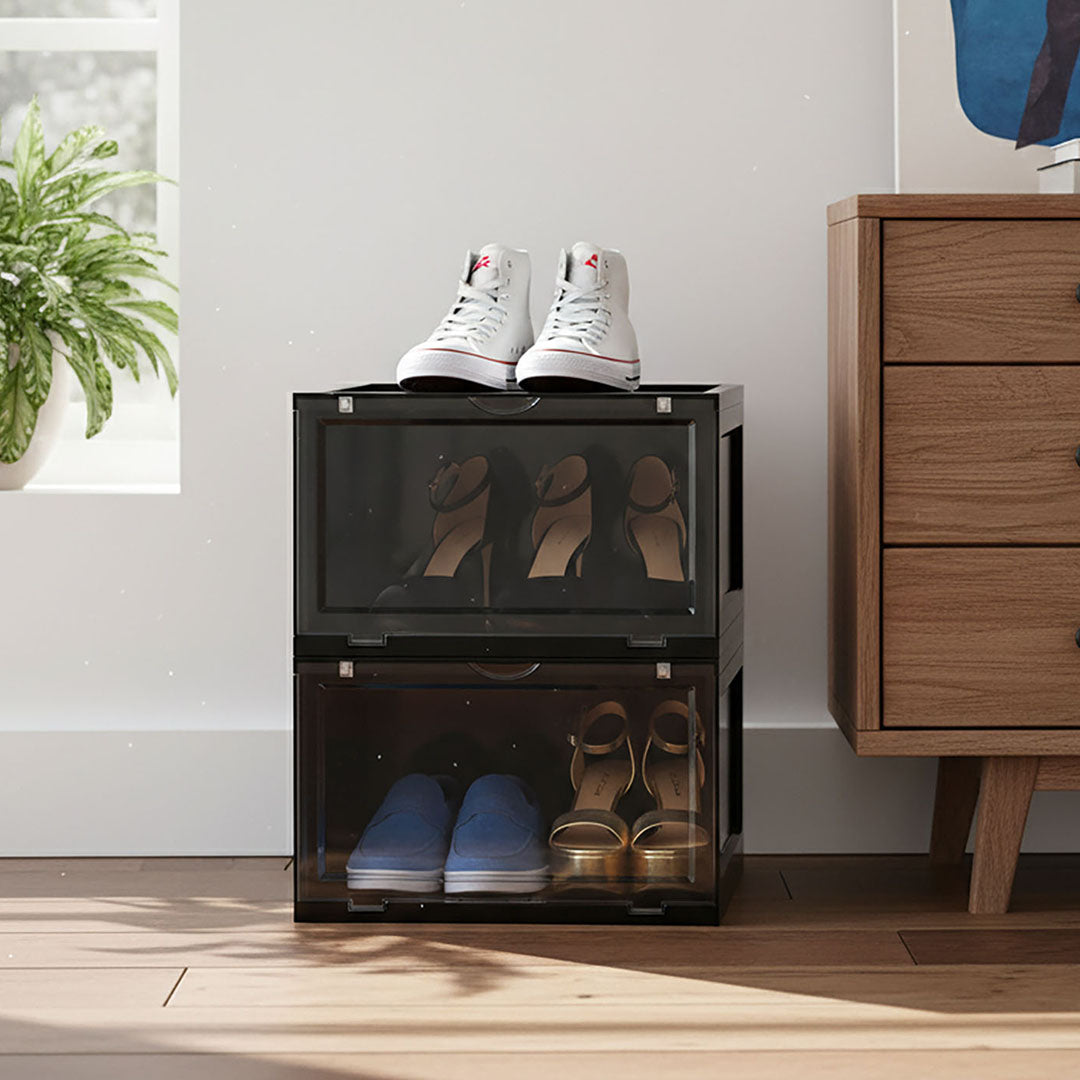 SOGA 2 Tier Black Portable Shoe Organiser Sneaker Footwear Folding Plastic Bin Stackable Storage Box with Magnetic Door