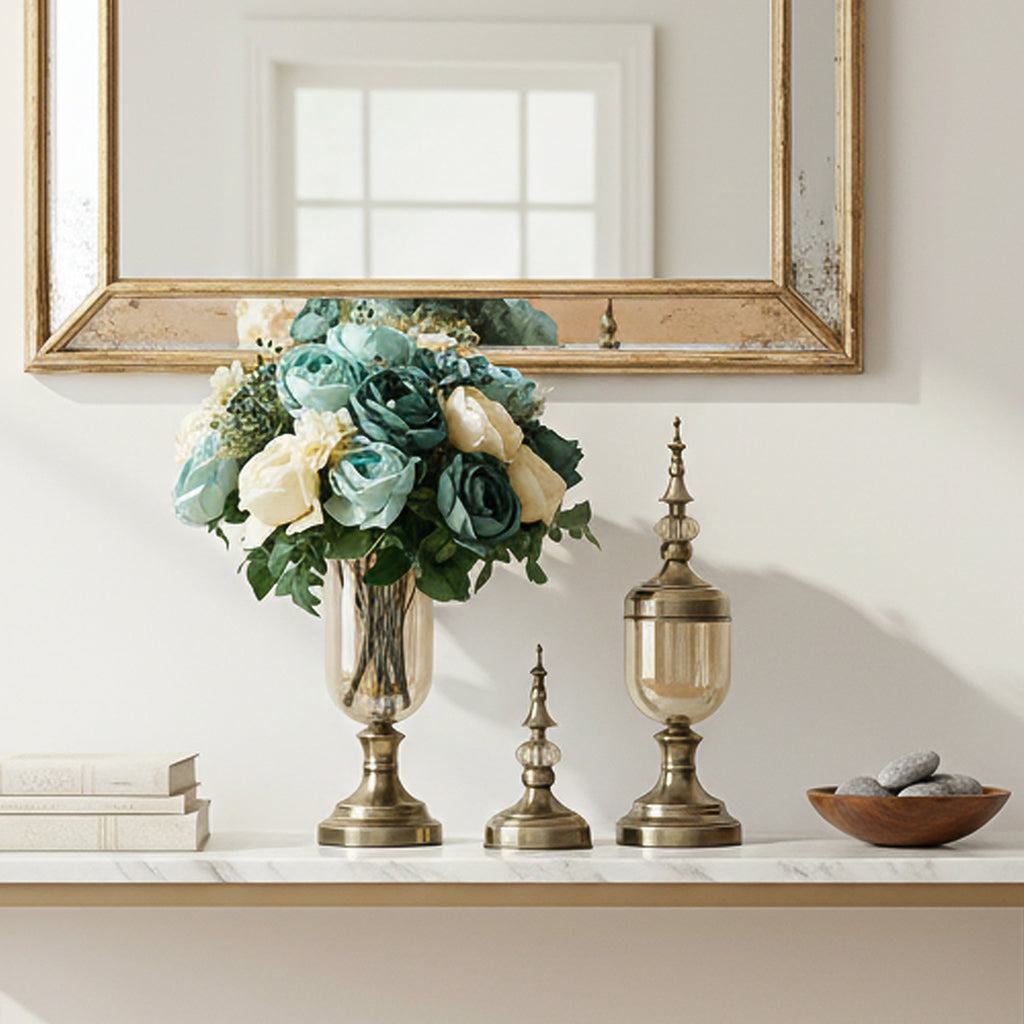SOGA 2 x Clear Glass Flower Vase with Lid and Blue Flower Filler Vase Bronze Set