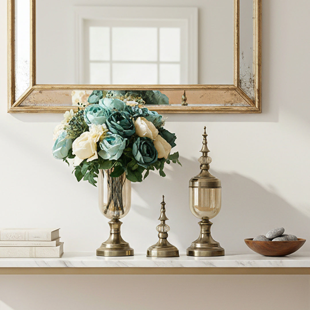 SOGA 2 x Clear Glass Flower Vase with Lid and Blue Flower Filler Vase Bronze Set