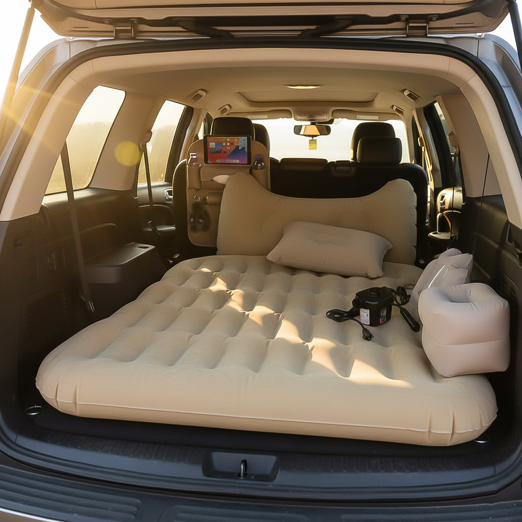SOGA Car Bundle E – White Back Seat Storage Organizer & Beige Honeycomb Inflatable Mattress