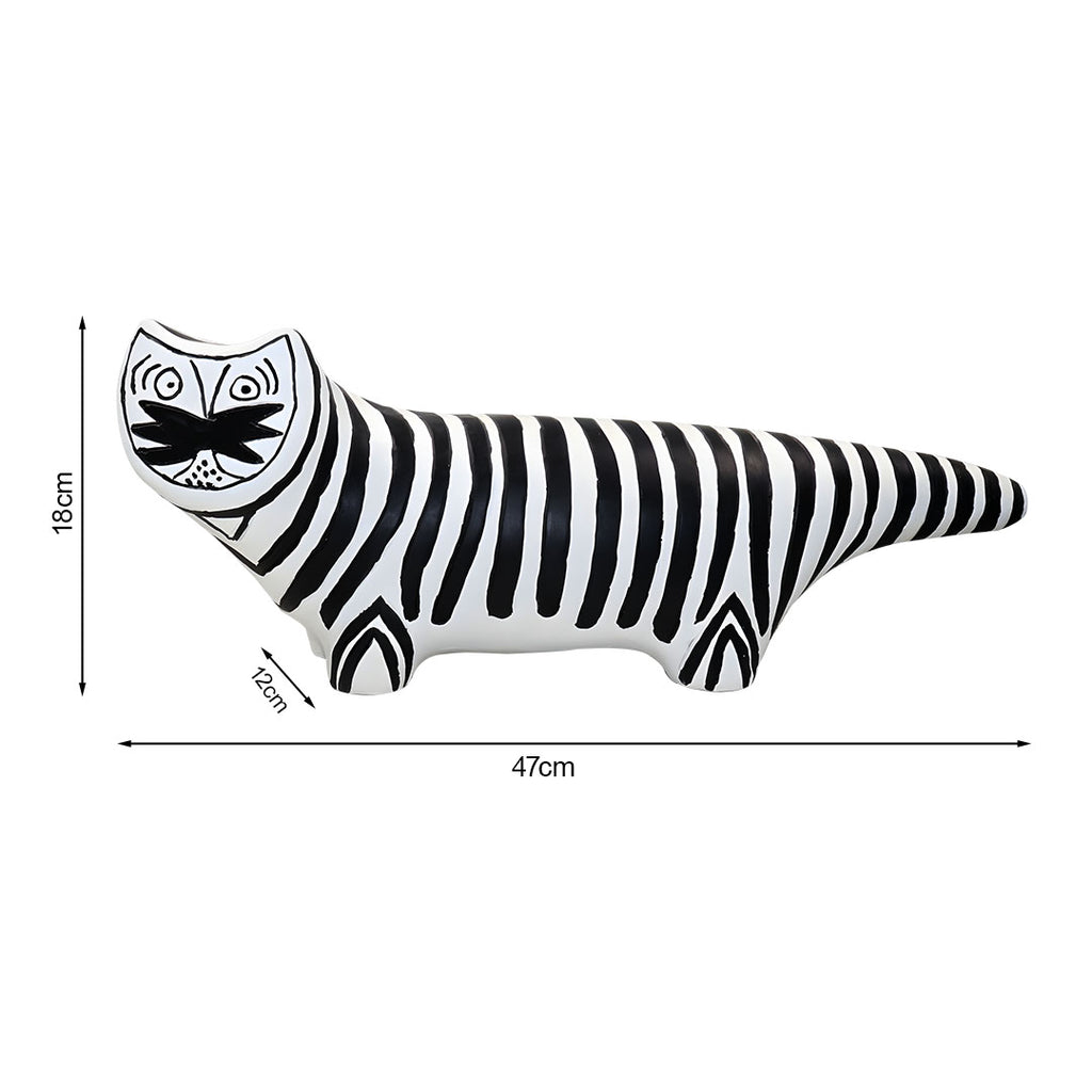 SOGA 47cm Elongated Black and White Striped Cat Resin Sculpture