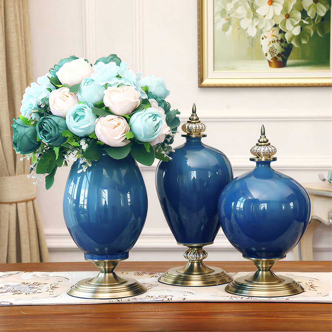SOGA 38cm Ceramic Oval Flower Vase with Gold Metal Base Dark Blue