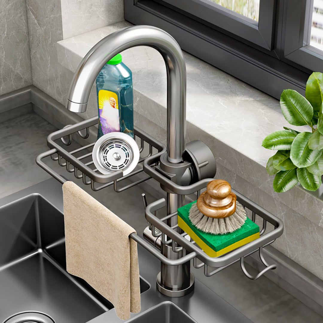 SOGA 2X Dark Grey Kitchen Sink Organiser Faucet Soap Sponge Caddy Rack Drainer with Towel Bar Holder