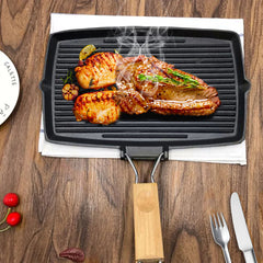 SOGA 2X 20.5cm Rectangular Cast Iron Griddle Grill Frying Pan with Folding Wooden Handle