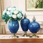 SOGA 2x 42cm Ceramic Oval Flower Vase with Gold Metal Base Dark Blue