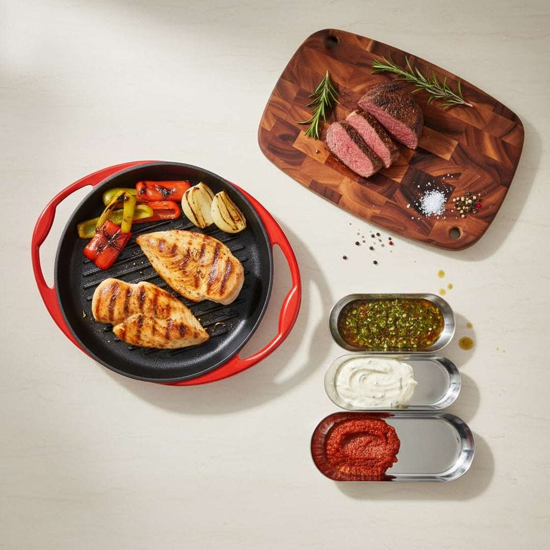 SOGA Kitchenware Bundle – Acacia Cutting Board, Cast Iron Skillet & Silver Nordic Plate Set $ 179