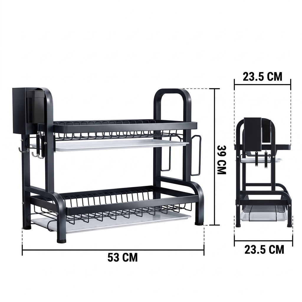 SOGA 2 Tier Steel Black Kitchen Countertop Drying Dish Rack Plate Cutlery Cutting Board Holder Dish Drainer Kitchen Organiser