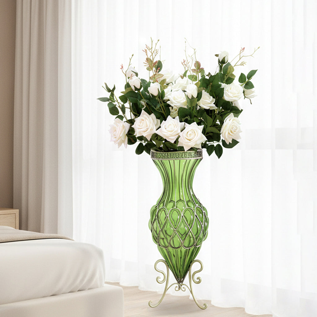 SOGA 67cm Green Glass Tall Floor Vase and 12pcs White Artificial Fake Flower Set