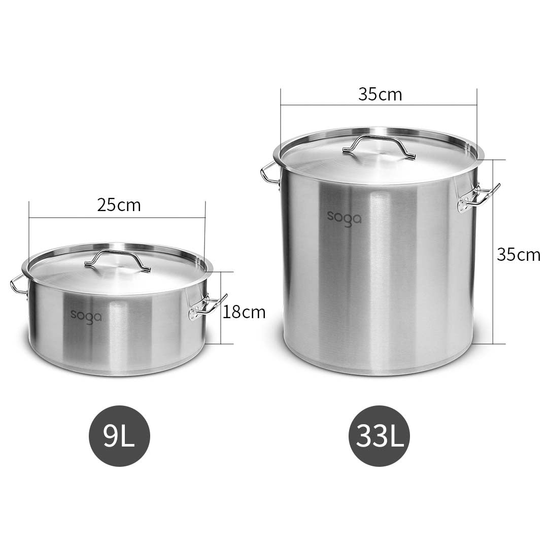SOGA 9L Wide Stock Pot  and 33L Tall Top Grade Thick Stainless Steel Stockpot 18/10