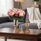 SOGA 2 x Clear Glass Flower Vase with Lid and Pink Flower Filler Vase Gold Set