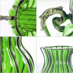 SOGA Green Colored Glass Flower Vase with 4 Bunch 9 Heads Artificial Fake Silk Rose Home Decor Set