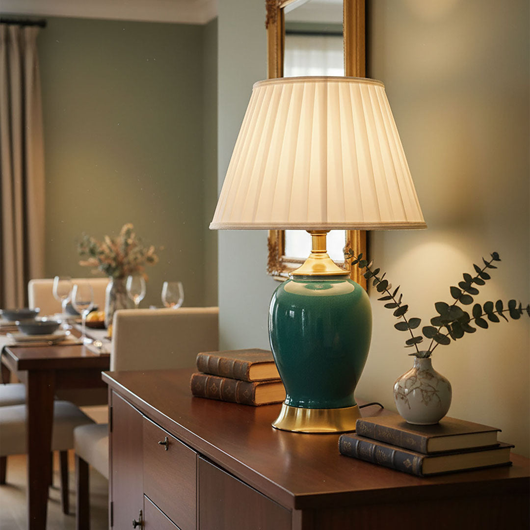 SOGA Ceramic Oval Table Lamp with Gold Metal Base Desk Lamp Green