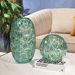 SOGA 2X Green Colored Diamond Cut Glass Flower Vase Round Jar Home Decor with Gold Accent Large and Medium Set