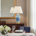 SOGA Oval Ceramic Table Lamp with Gold Metal Base Desk Lamp Blue