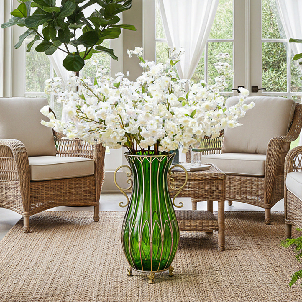 SOGA 51cm Green Glass Tall Floor Vase and 10pcs White Artificial Fake Flower Set