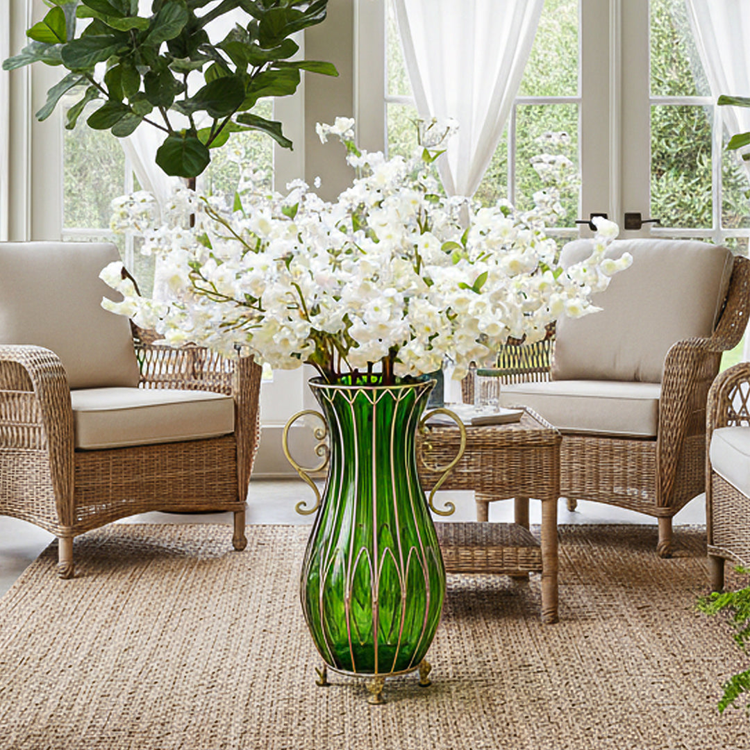 SOGA 51cm Green Glass Tall Floor Vase and 10pcs White Artificial Fake Flower Set