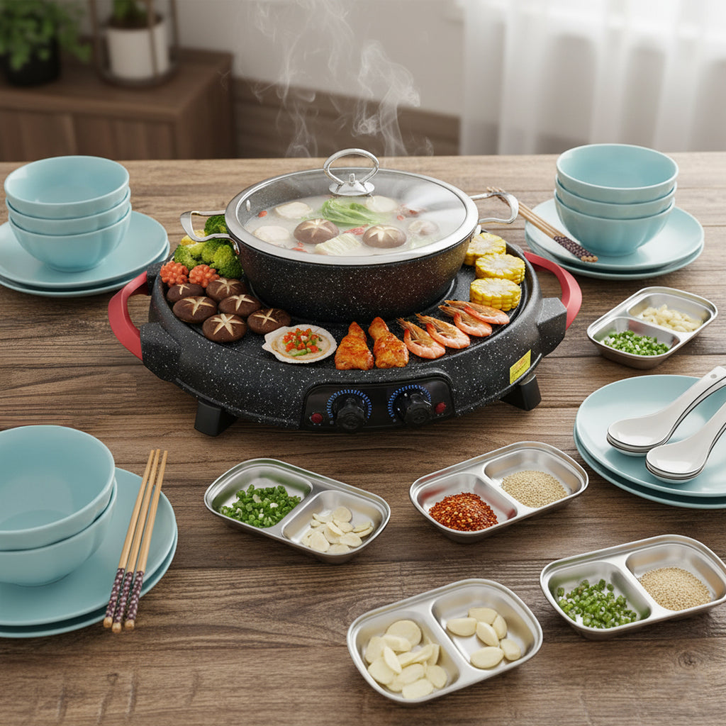 SOGA Kitchenware Bundle – 2-in-1 Electric Teppanyaki Grill, Light Blue Ceramic Dinnerware & Silver Sauce Pan