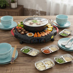 SOGA Kitchenware Bundle – 2-in-1 Electric Teppanyaki Grill, Light Blue Ceramic Dinnerware & Silver Sauce Pan