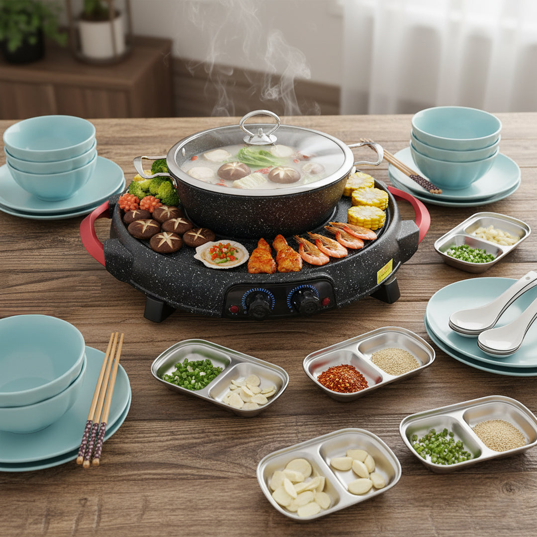 SOGA Kitchenware Bundle – 2-in-1 Electric Teppanyaki Grill, Light Blue Ceramic Dinnerware & Silver Sauce Pan