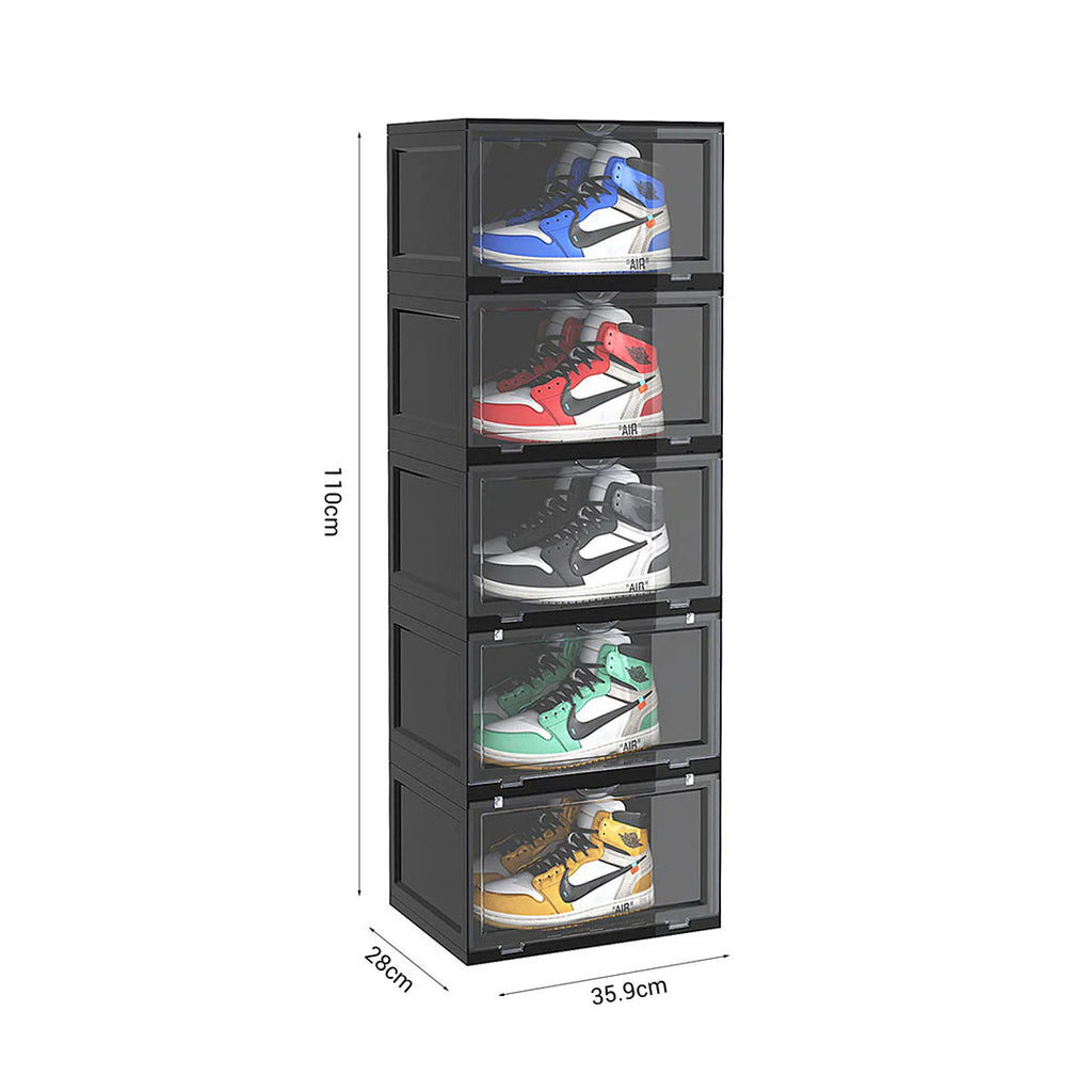 SOGA 5 Tier Black Portable Shoe Organiser Sneaker Footwear Folding Plastic Bin Stackable Storage Box with Magnetic Door