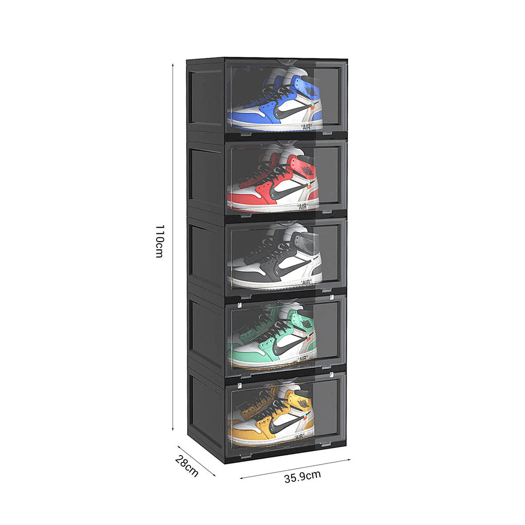 SOGA 5 Tier Black Portable Shoe Organiser Sneaker Footwear Folding Plastic Bin Stackable Storage Box with Magnetic Door