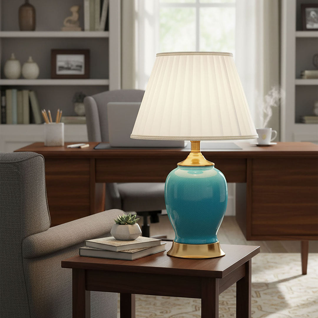 SOGA Ceramic Oval Table Lamp with Gold Metal Base Desk Lamp Blue
