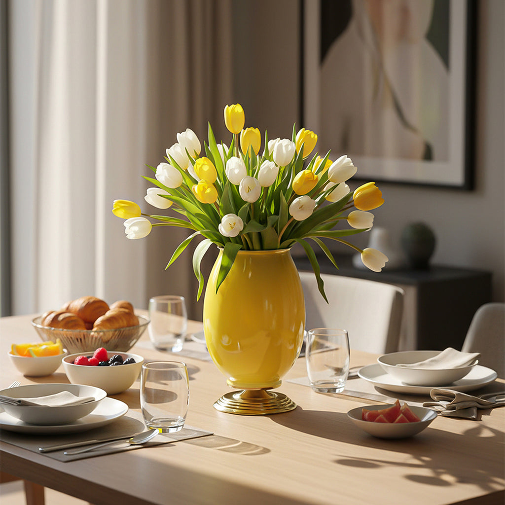 SOGA 2x 40cm Ceramic Oval Flower Vase with Gold Metal Base Yellow