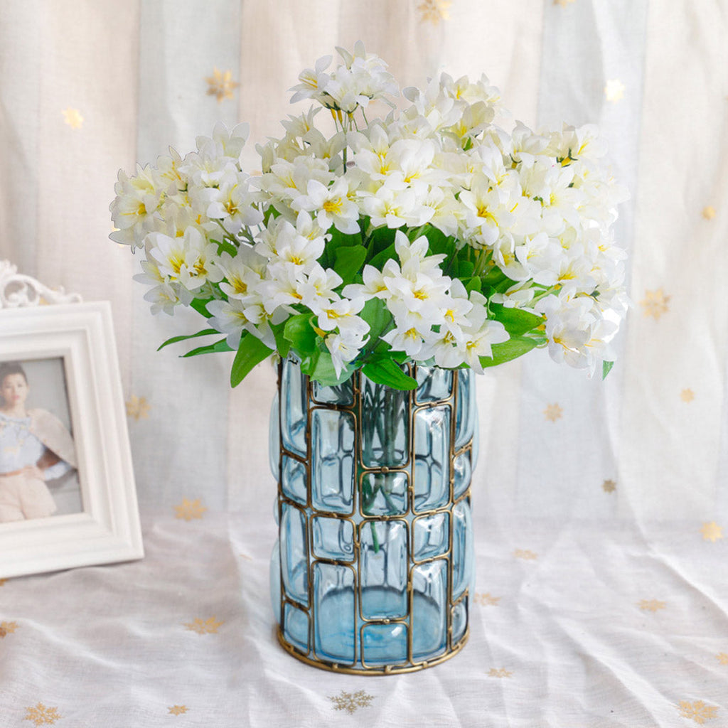 SOGA Blue Glass Cylinder Flower Vase with 10 Bunch 6 Heads Artificial Fake Silk Lilium nanum Home Decor Set