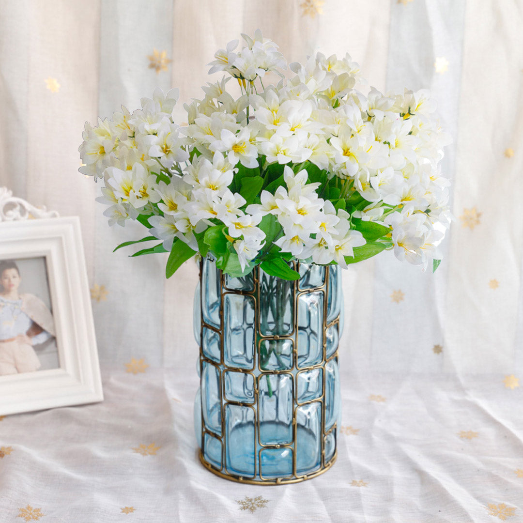 SOGA Blue Glass Cylinder Flower Vase with 10 Bunch 6 Heads Artificial Fake Silk Lilium nanum Home Decor Set