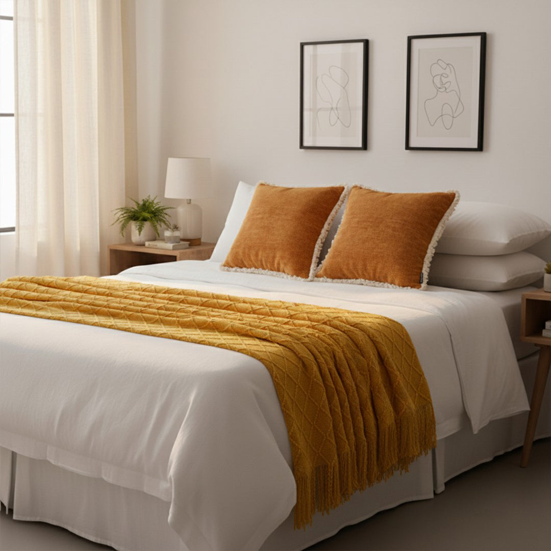SOGA Home & Living Bundle – 2 Sunset Orange Chenille Pillow & Yellow Diamond Knitted Blanket