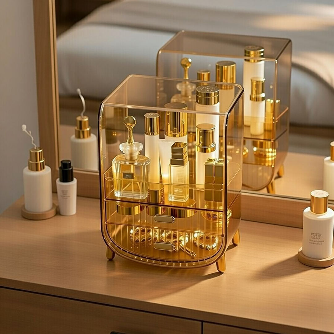 SOGA 2X 3 Tier Golden Yellow Multifunctional Countertop Cosmetic Storage Makeup Perfume Skincare Display Stand Shelf Drawer Type Organiser