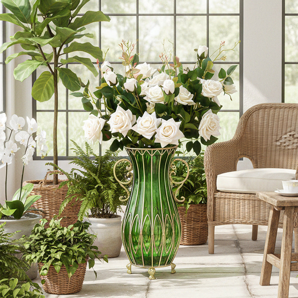 SOGA 51cm Green Glass Tall Floor Vase with 12pcs White Artificial Fake Flower Set